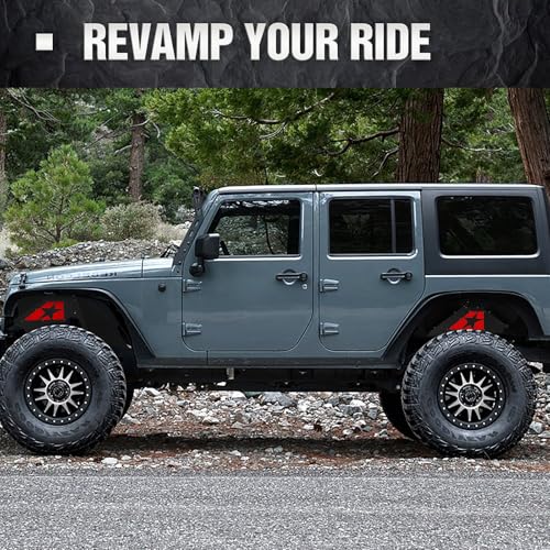 Image of SUORTO Slanted Red Star Front & Rear Inner Fender Liners Compatible with 2007-2018 Jeep Wrangler JK & JKU Unlimited Sport Sahara Rubicon, Steel Mud Guards Wheel Well Cover Fenders Flares