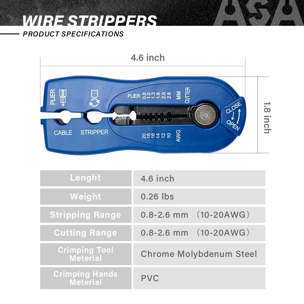 ASA TOOLS CSB - Pelacables y cortador, múltiples herramientas de pelado de cables resistentes para pelar cables, cortar (cuchillas dobles), profundidad de hoja ajustable, pelado de cables y
