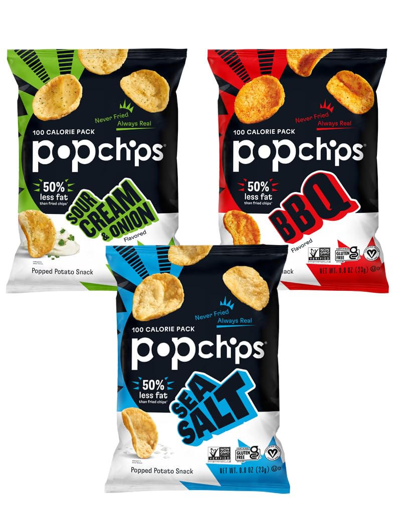 Popchips Potato Chips Variety Pack, Sea Salt, BBQ, Sour Cream & Onion, 12ct Single Serve 0.8oz Bags, Gluten Free, Salty Snacks for Adults and Children, Non-GMO & Kosher, 100 Calories Per Bag