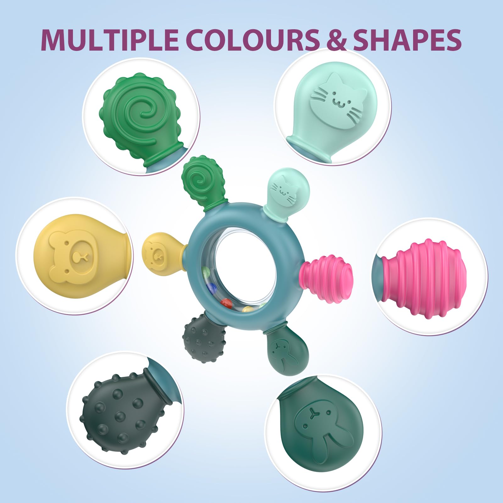 akolik Giochi Dentizione Neonato, Sonaglio Anello Massaggiante in Silicone per Bambini, Massaggiagengive Senza BPA per neonati di età superiore ai 3-6 6-12 mesi