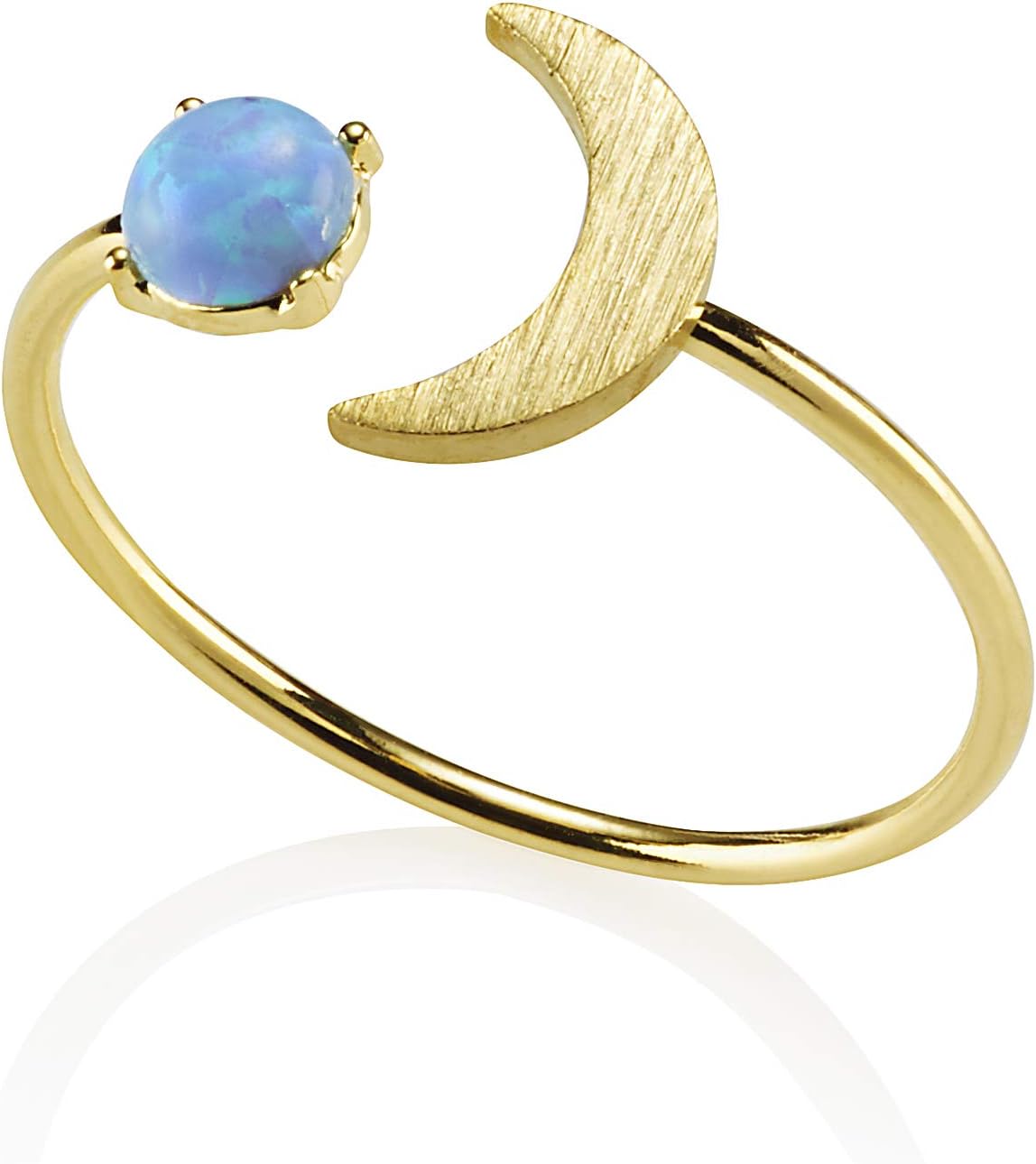 Adjustable Dainty Opal Ring for Women and Teen Girls, Brushed Finish Open Gold Rings for Women with a Moon Crescent Motif with a Created Opal