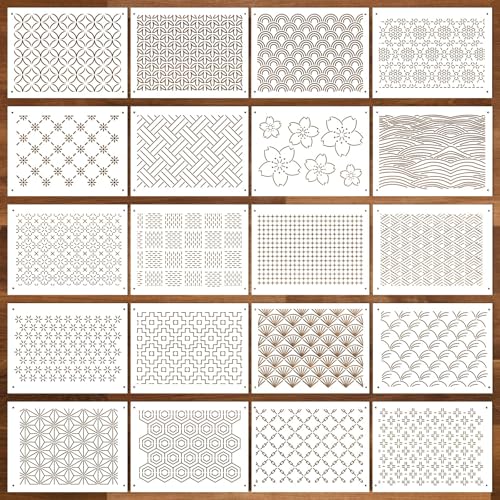 20 peças de estêncil de plástico Sashiko 20 x 14 cm, modelo Sashiko, linha de desenho, estêncil, pad