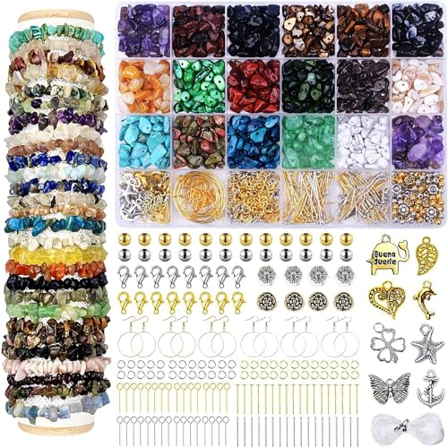 Juego de cuentas de piedras preciosas naturales de 5 a 8 mm, 1180 cuentas irregulares de piedra natural con agujero, juego de manualidades para pulseras, collares, pendientes y anillos para enhebrar