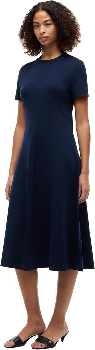 Tommy Hilfiger Vestido camisero midi de manga corta de algodón con cuello redondo para mujer, vestido informal de trabajo y negocios