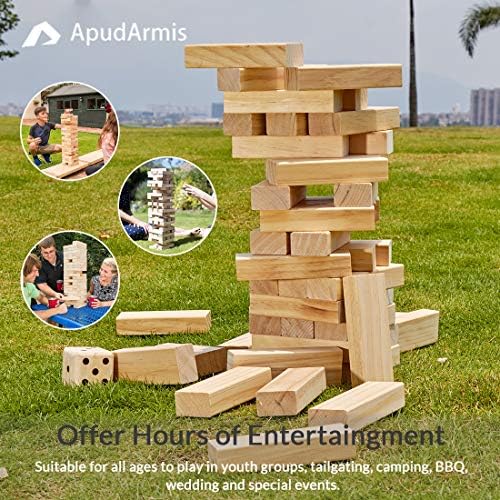 ApudArmis Giant Tumble Tower, 54 PCS Pine Wooden Stacking Timber Game with 1 Dice Set - Classic Block Board Game for Kids Adults Family (2Ft to Over 4.2Ft)