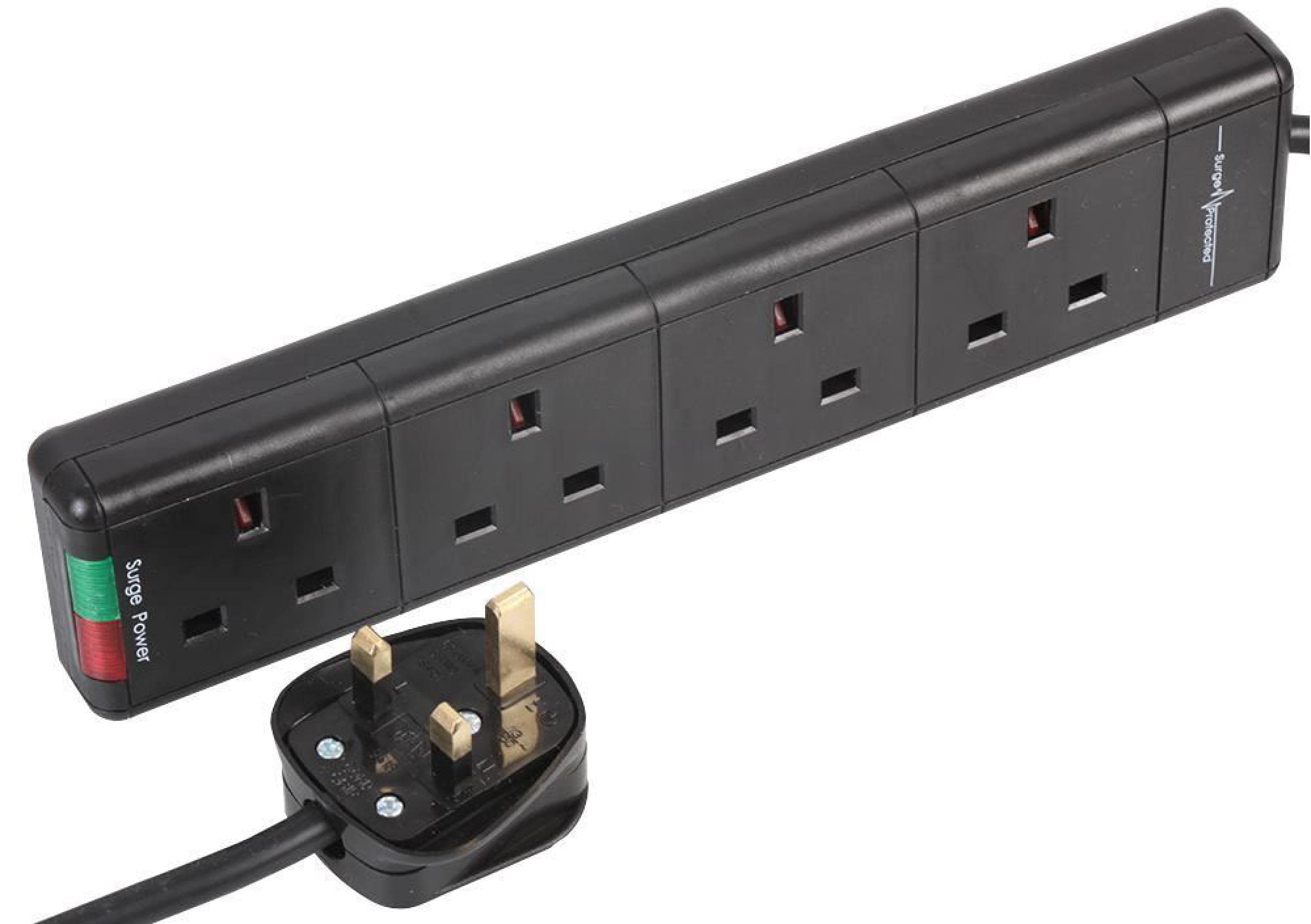 Pro Elec 4-Gang Surge Protected Extension Lead, Black, 5m Lead