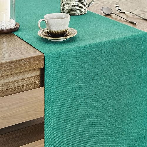 Image of ZeeMart Basic Linen Style Table Runner, 14 x 48 Inch Teal Chambray, Rustic Farmhouse Teal Table Runners 48 Inches Long, Everyday Polyester Table Runner - Machine Washable & Easy Care