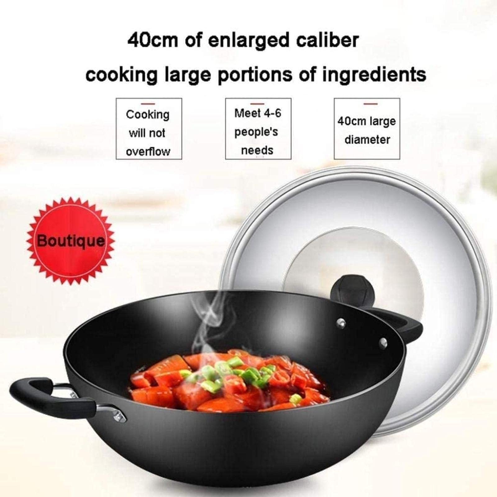 FENOKD Woks Stir-Fry Pans Cast Iron Pan, Uncoated Wok with Lid, Can Cook Quickly and Evenly, Healthy and Smoke- Free Cooking???