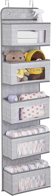 Newthinking Over Door Storage Organiser, Over Door Storage 5 Pockets Soft Fabric Hanging Storage Organizer with Clear Window for Pantry Baby Nursery Bathroom