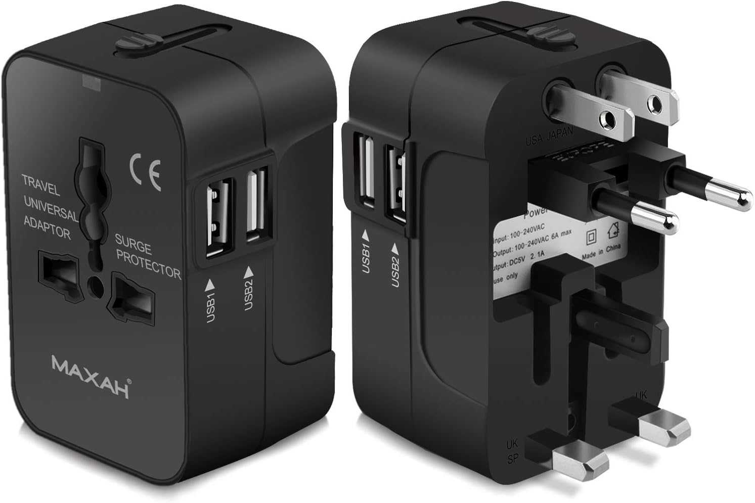 MAXAH Universal Travel Plug Adapter, All in One Worldwide Universal Wall Charger AC Power Converters Plug with 2.1A Dual USB Charging Ports for EU US UK AU - Black