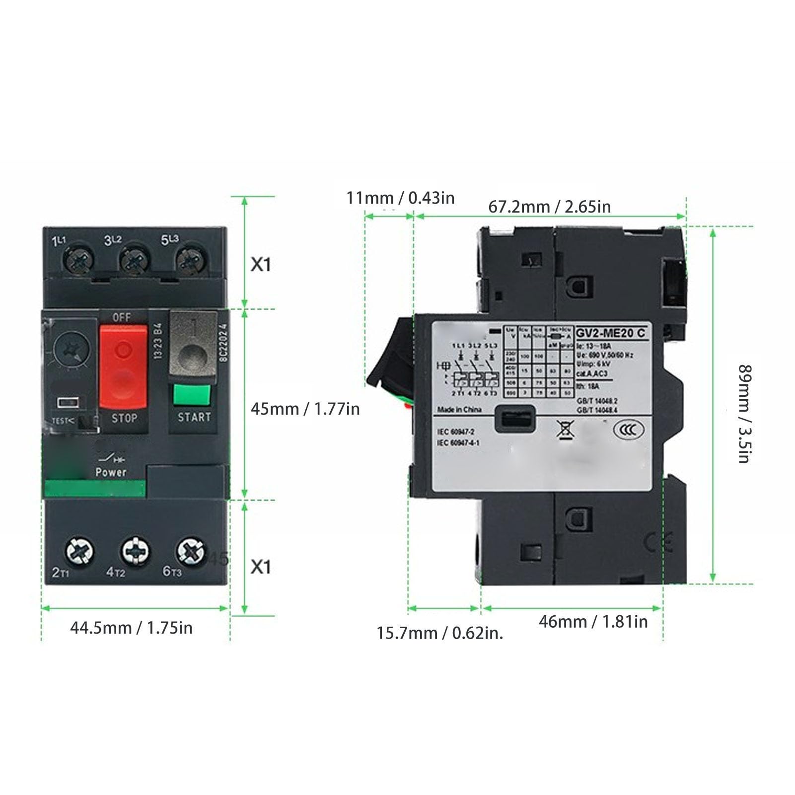 Disjoncteur de Moteur Bouton de Commande Interrupteur de Protection du Moteur Disjoncteur Magnétique Thermique avec Montage sur Rail pour Applications de Moteur (GV2-ME16 9-14A)
