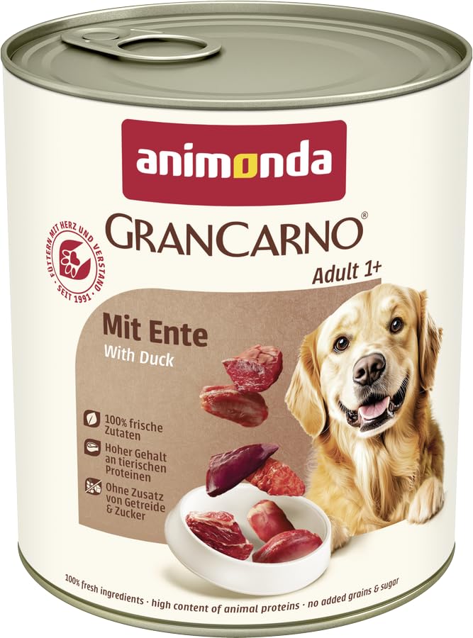 animonda GranCarno Hunde Nassfutter mit Ente (6 x 800 g), getreidefreies Hundenassfutter ohne Zucker, für ausgewachsene Hunde, mit frischen fleischigen Zutaten