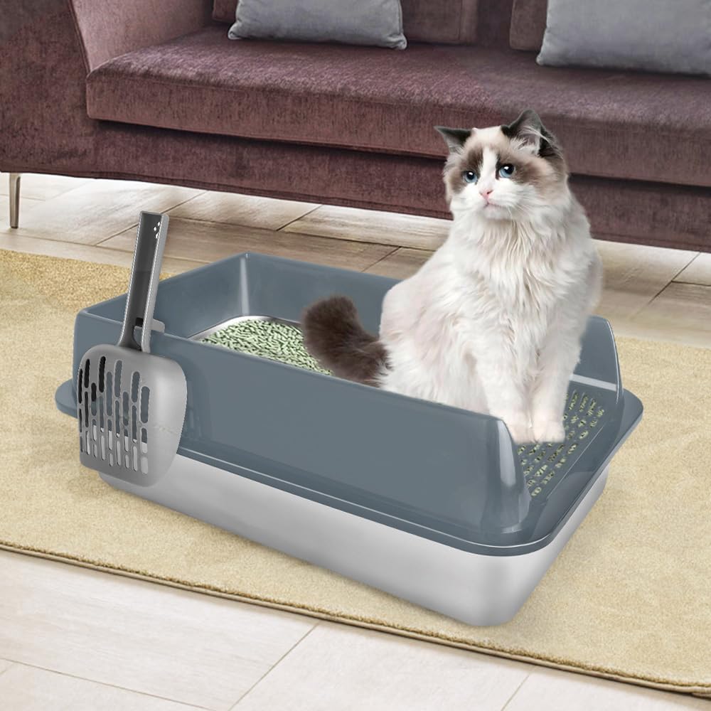 Maison de Toilette pour Chat,Bac à Litiere Haute en Acier Inoxydable, Bac Litiere pour Chat, Cat Litter Box, Pelle, 60 x 40 x 30 cm (Acier Inoxydable) (Gris)