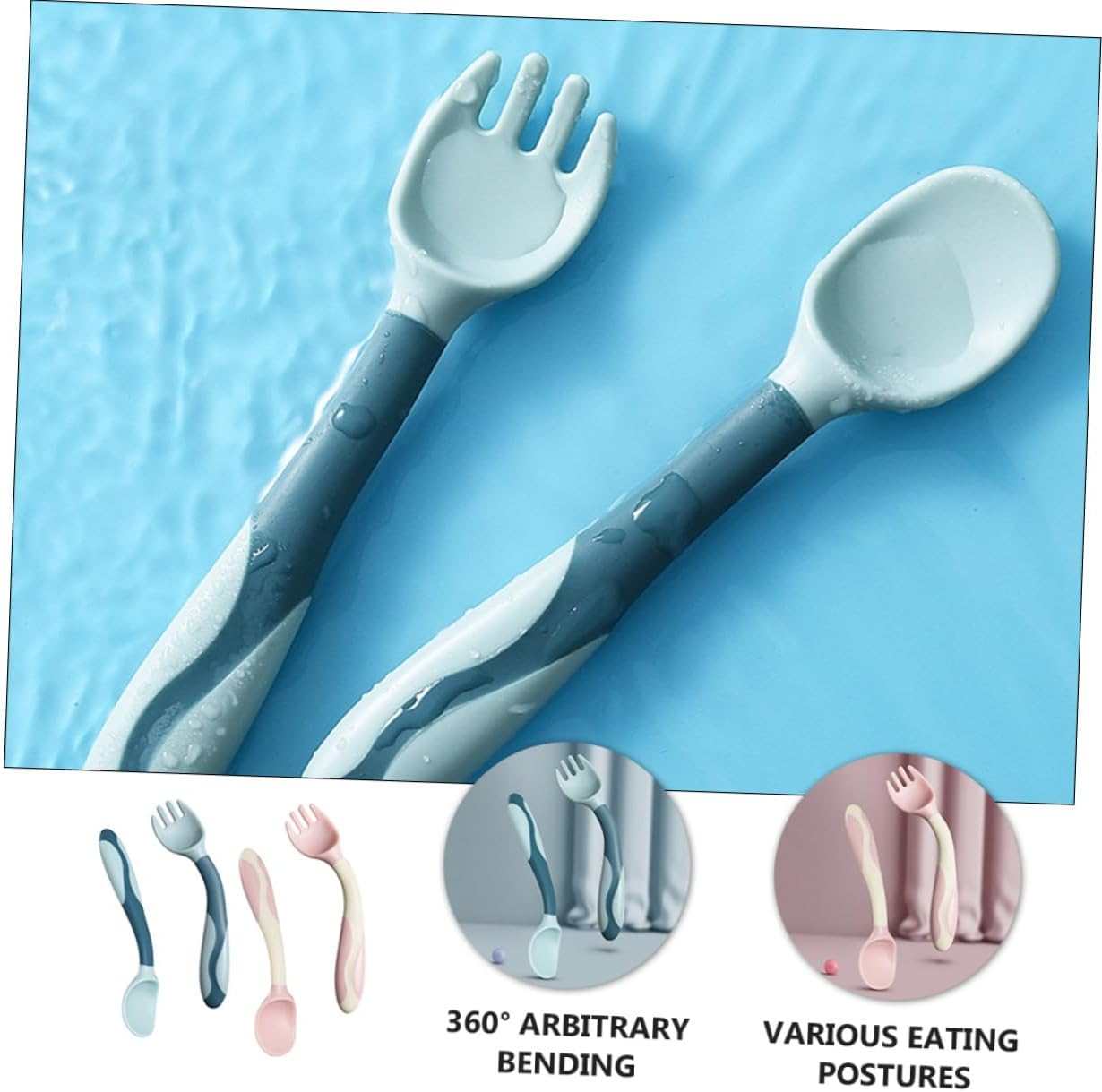 Abaodam 2 Sets Flexible Silicone Spoons and Forks Training Utensils with Non-slip Handles Bendable Soft Feeding Cutlery for Self-feeding Pink and Blue