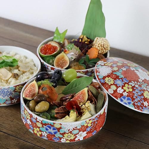 Miniatura 3 de JAPAN IMPORTS NOW Caja Bento japonesa tradicional, 3 niveles, Kutani Ware SK453 (diseño de flor negra)