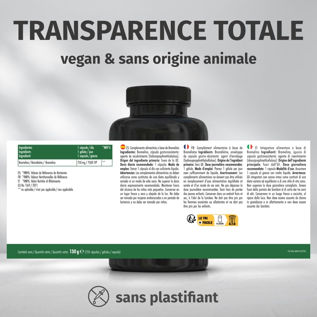 Green Naturals® Bromélaïne – Hautement dosée : 750 mg (5 000 GDU/g) d’extrait naturel d’ananas – Gélules gastro-résistantes (DR Caps) – Vegan & testée en laboratoire – 150 gélules (5 mois)