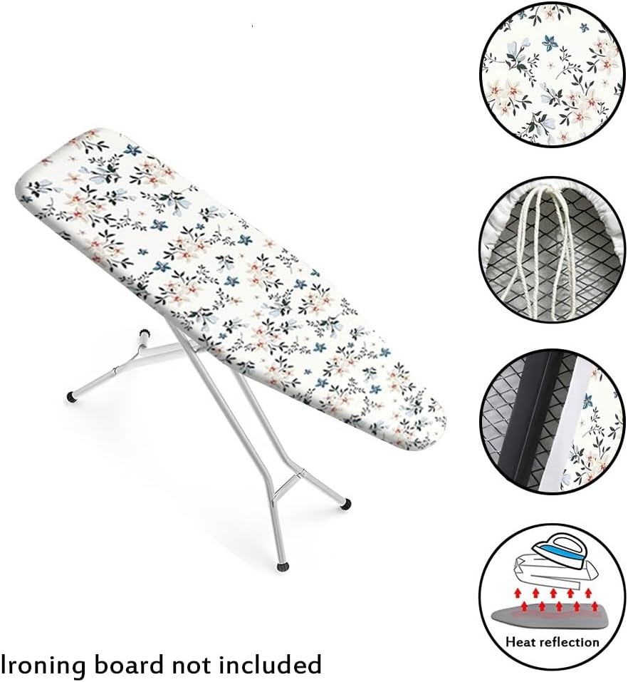 Modern Floral Print Ironing Board Cover, Heat-Resistant, Drawstring Tightening, Smooth Iron(White,59 x 21.6 in/150 x 55 cm)