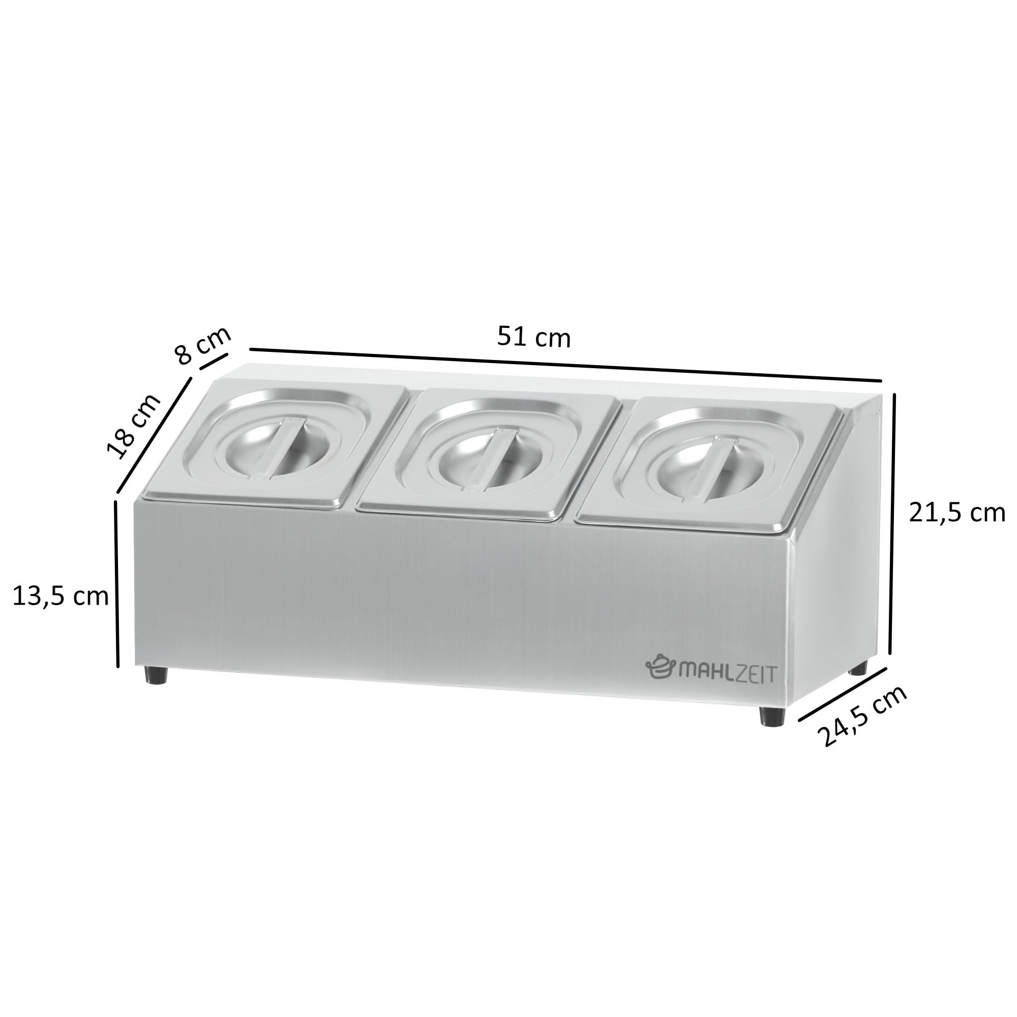 Mahlzeit Contenitore per ingredienti in acciaio inox, 3 contenitori per catering da 1/6 GN con piedini in gomma, 51 x 24,5 x 21,5 cm, contenitore per ingredienti da cocktail per gastronomia, cucina