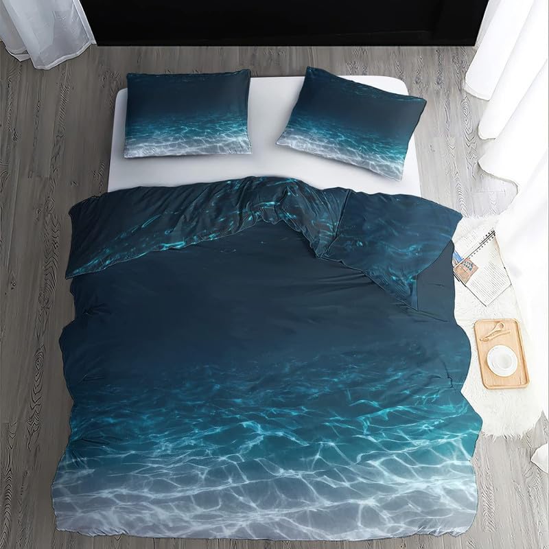 Parures de lit motif eau du lac bleu marine : ensemble housse de couette 220x240 et 2 taies