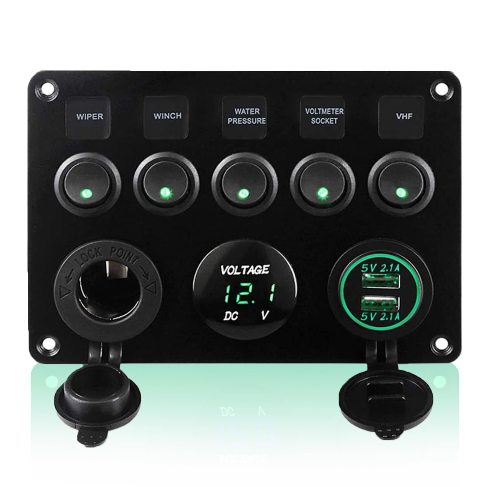 Geloo 5 Gang Schalter Panel, 12V Kippschalter Panel On/Off Schalter LED Voltmeter, Dual USB Buchse Ladegerät für Auto Boot Marine RV Truck Camper Fahrzeuge (Grün)