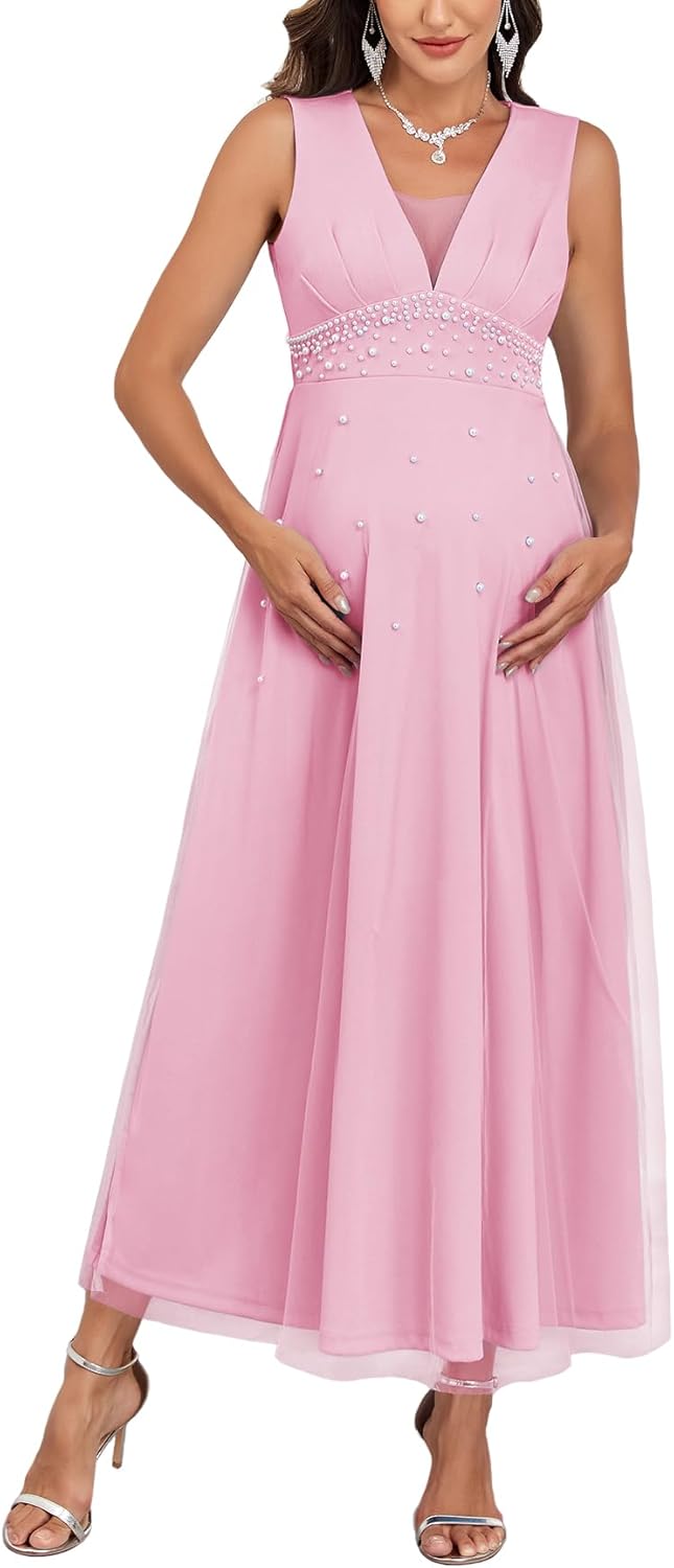 Maternity Mesh Dress V Neck Sleeveless A Line Maxi Pregnancy Formal Dresses with Pearl Beading Baby Shower Photoshoot