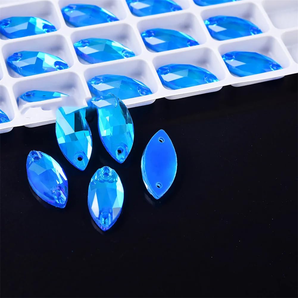 Strass en verre œil de cheval bleu AB fluo 6x12mm pour couture de robe et customisation
