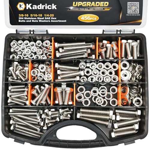 Image of Kadrick 456Pcs 18-8(304) Stainless Steel Hex Bolts Assortment,1 /4-20 5 /16-18 3 /8-16 Heavy Duty Bolts and Nuts Kit, Assorted SAE Bolts Nuts Flat&Lock Washers,Lenth Form 1 /2''-2''