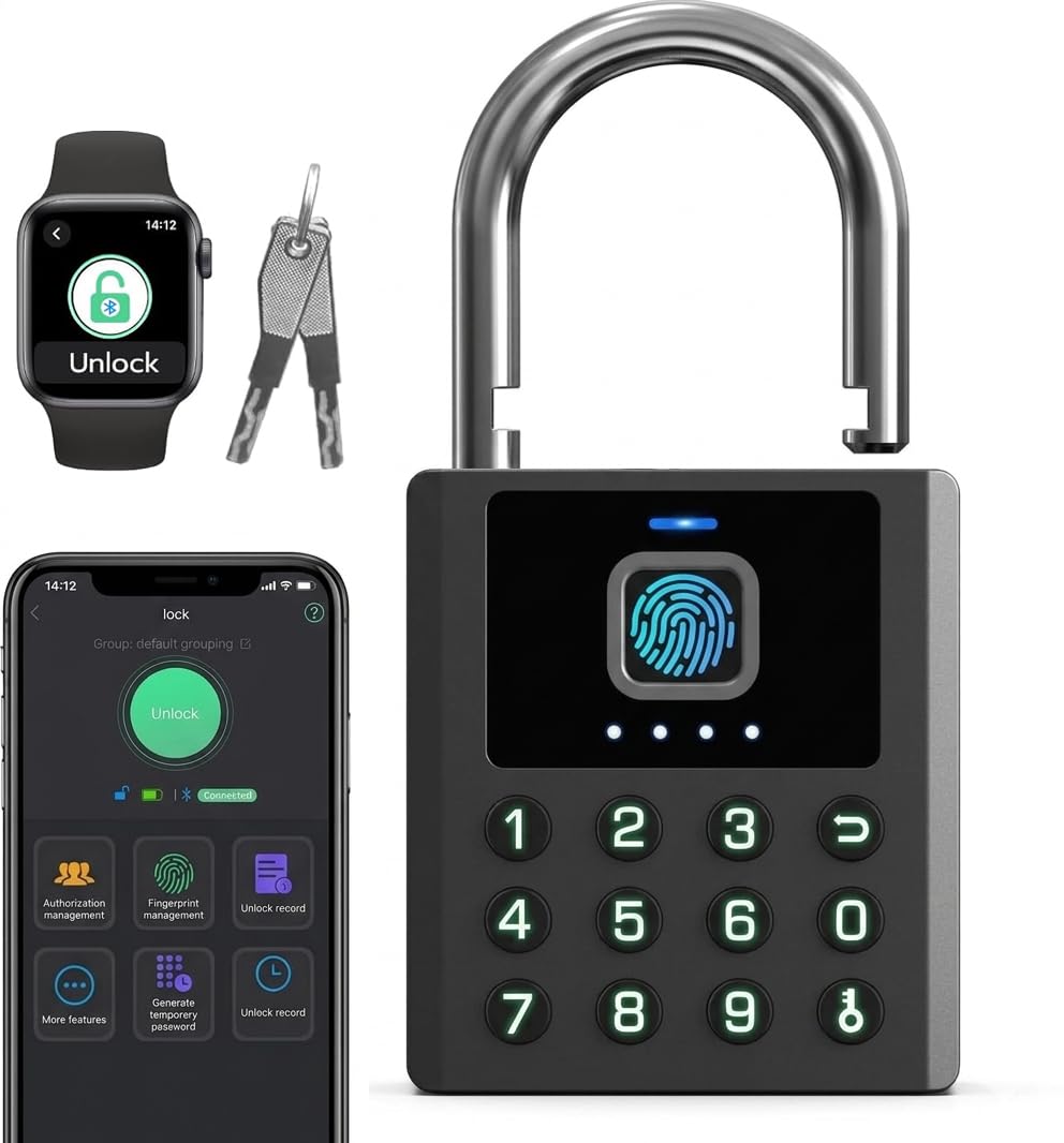 Fingerprint Padlock Outdoor, Heavy Duty Smart Lock with Bluetooth APP Remote Authorization, 9 Digit Button Password & Temporary Code, IP67 Weatherproof for Shed Gate Fence Truck Locker