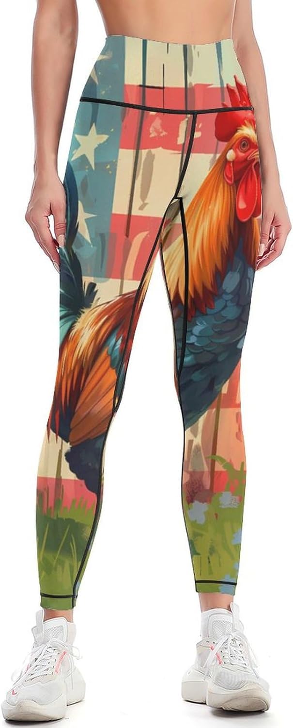 Independence Day U.S. Flag Rooster Yoga Pants with Pockets for Women High Waisted Leggings Tummy Control Pants