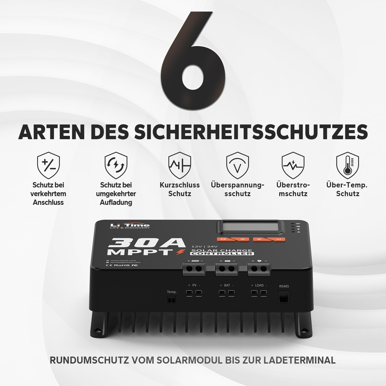 LiTime 30A Regulador de Carga Solar, Controlador de Carga Solar 12v Con Adattatore Bluetooth, Display LCD Regolabile e Indicatore LED，Regulador Solar Mpp Adatto per Batterie al Litio