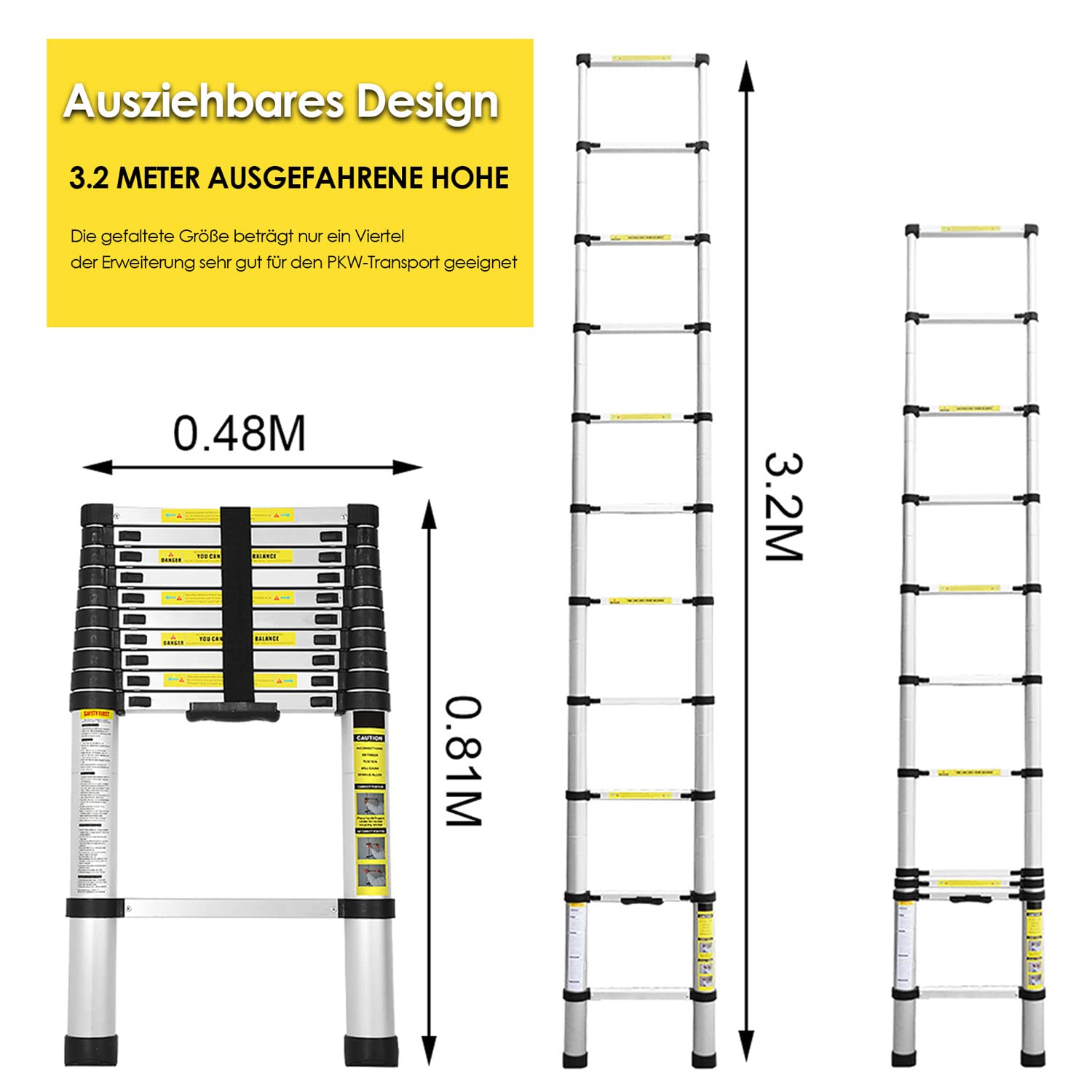 Scala telescopica allungabile in alluminio con gancio rimovibile, antiscivolo, multiuso, portata 150 kg, lunghezza 3,2 m