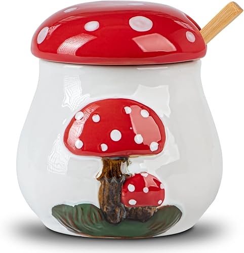 Azucarero de hongos con tapa y cuchara Azucarero de cerámica para encimera Azucarero con tapa y cuchara de bambú Contenedor de azúcar
