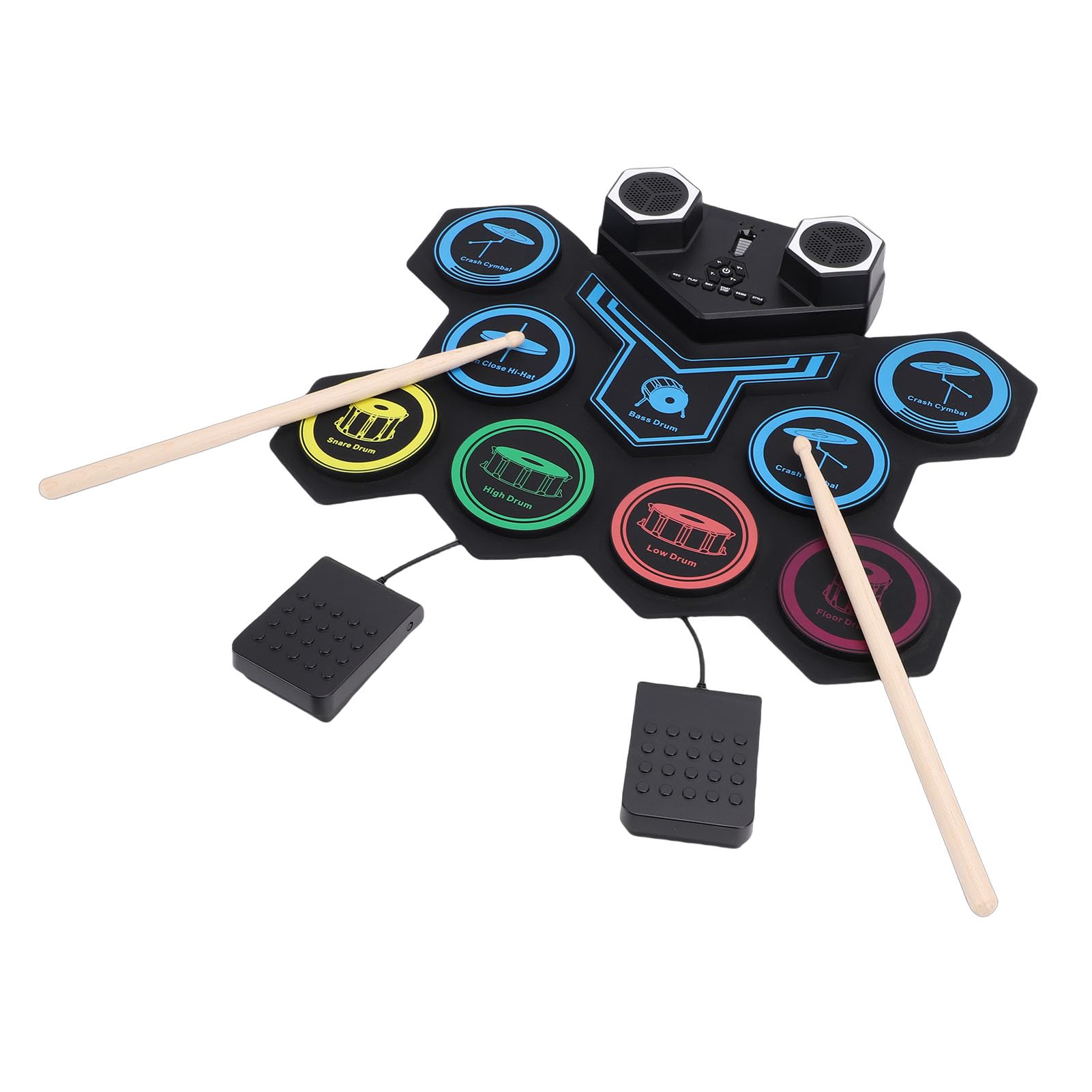 Tragbares MIDI-Roll-Up-E-Drum-Set, Übungspad mit LED-Leuchten und Zwei Lautsprechern, Aufnahme-Wiedergabe, für Kinder, Anfänger und Professionelle Schlagzeuger