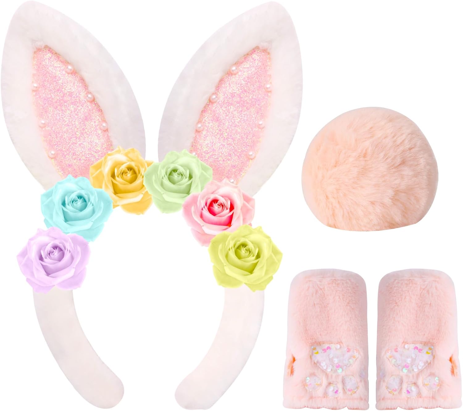 PinkSheep Easter Bunny Ears and Tail for kids,Bunny Headbands with Pink Bunny Gloves/Easter Bakset and Bunny for Girls