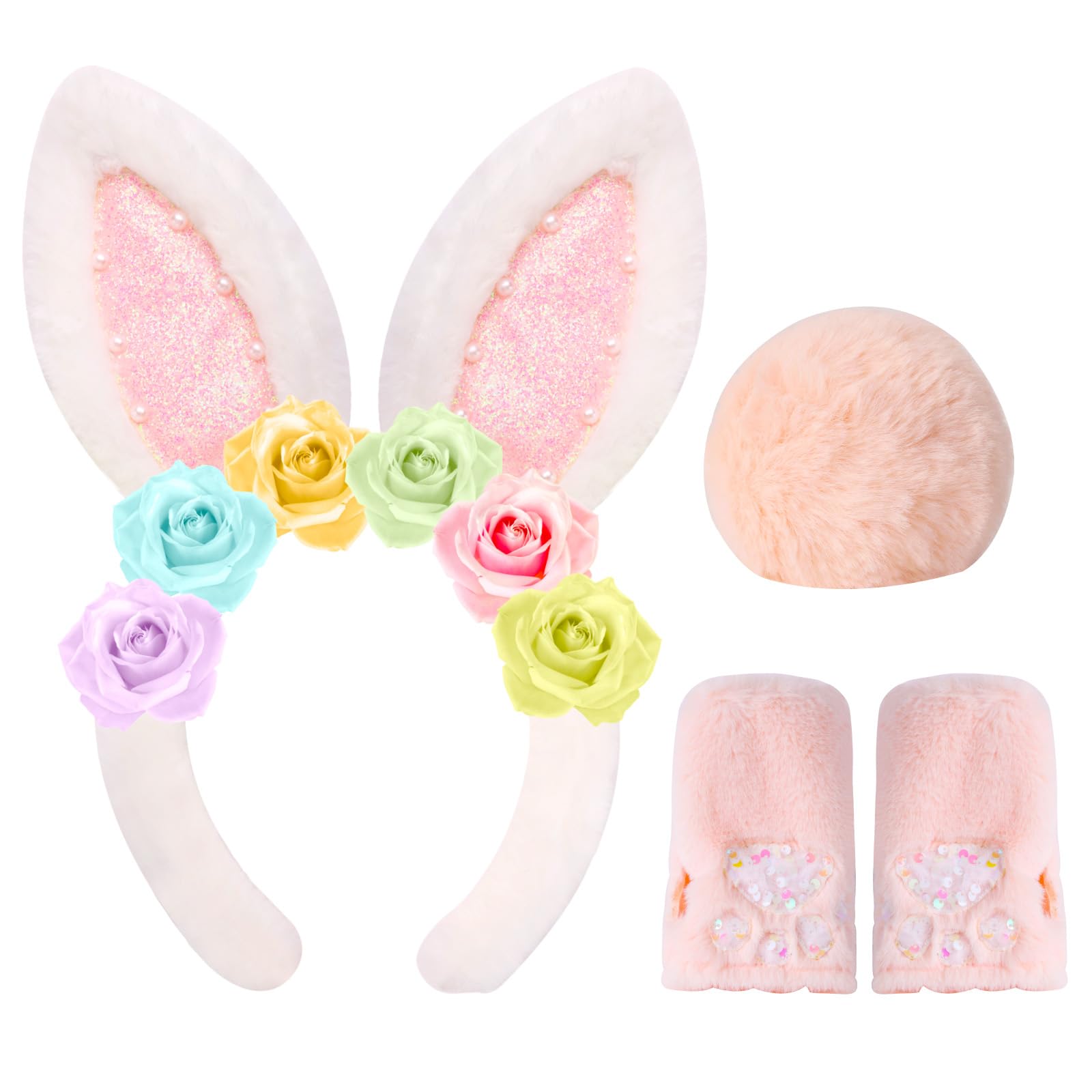 PinkSheep Easter Bunny Ears and Tail for kids,Bunny Headbands with Pink Bunny Gloves/Easter Bakset and Bunny for Girls
