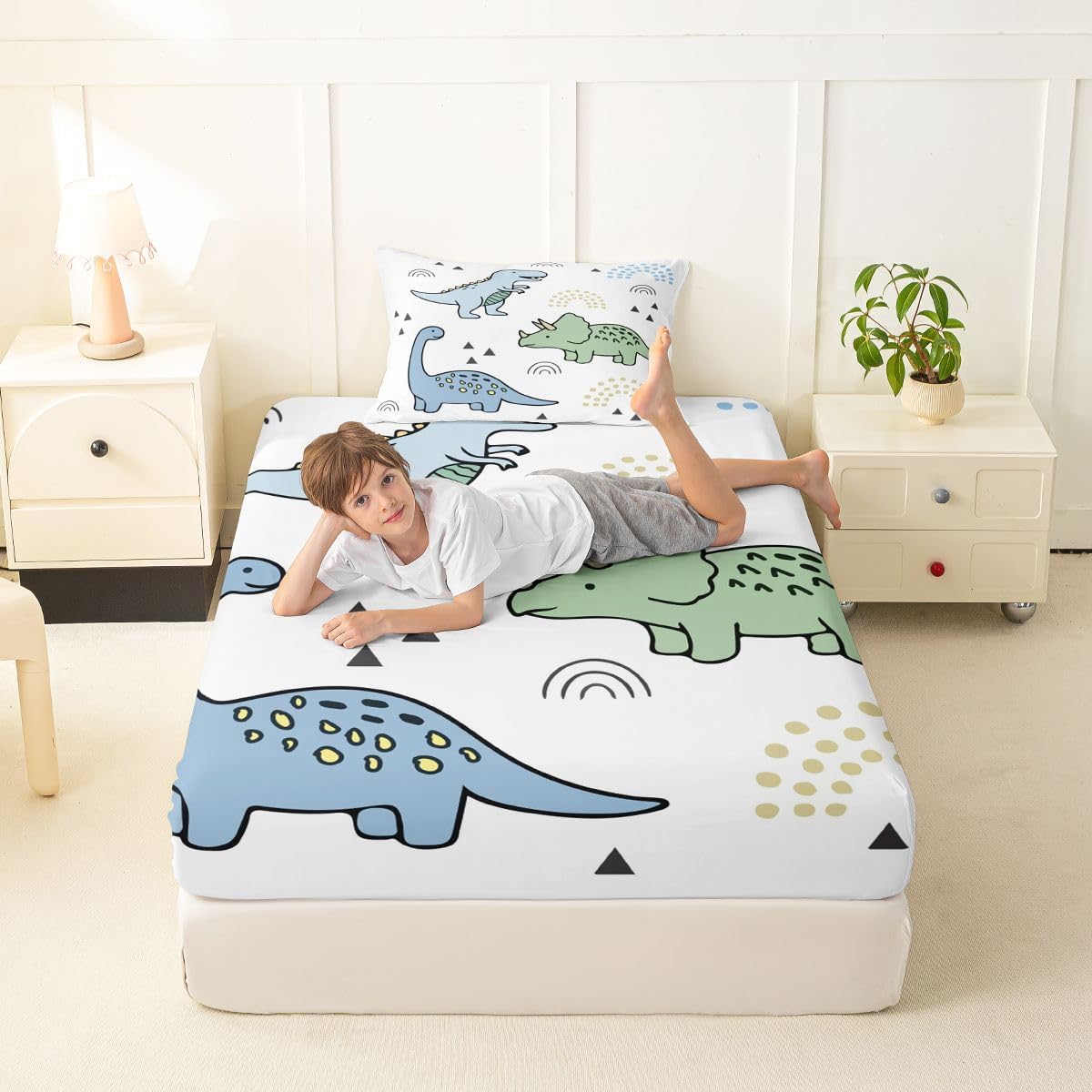 White Dinosaur Kids Fitted Sheet Twin Size | Cartoon Jungle Bed Sheets Dinos Boys Bed Set Kawaii Cute Deep Pocket Sheets