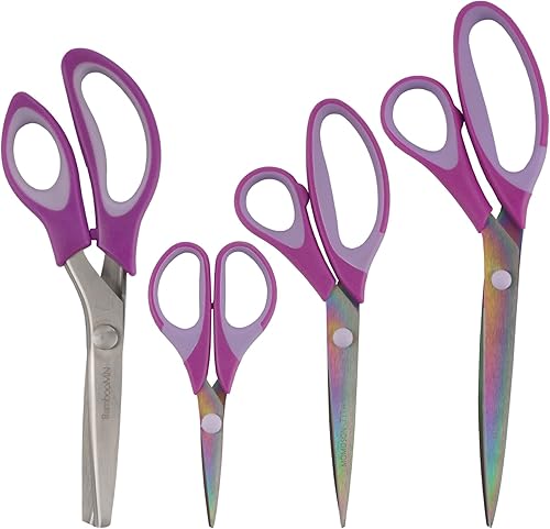 Vista 67 de JubileeYarn - Juego de tijeras de titanio Softgrip - Rosado, costura, arte, manualidades, oficina, 1 juego de 4 unidades, color morado 4 piezas