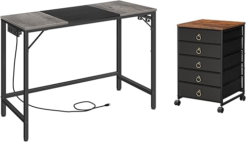 HOOBRO Escritorio para computadora, cómoda de 5 cajones, escritorio de oficina en casa con toma de corriente, armario de oficina con cajones para