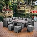 Nestl Outdoor Dining Set - 7 Piece Wicker Patio Set with Outdoor Dining Table, Outdoor Sectional Sofa and 3 Ottomans, Outdoor Patio Furniture Table and Chairs Set (Grey/Grey)
