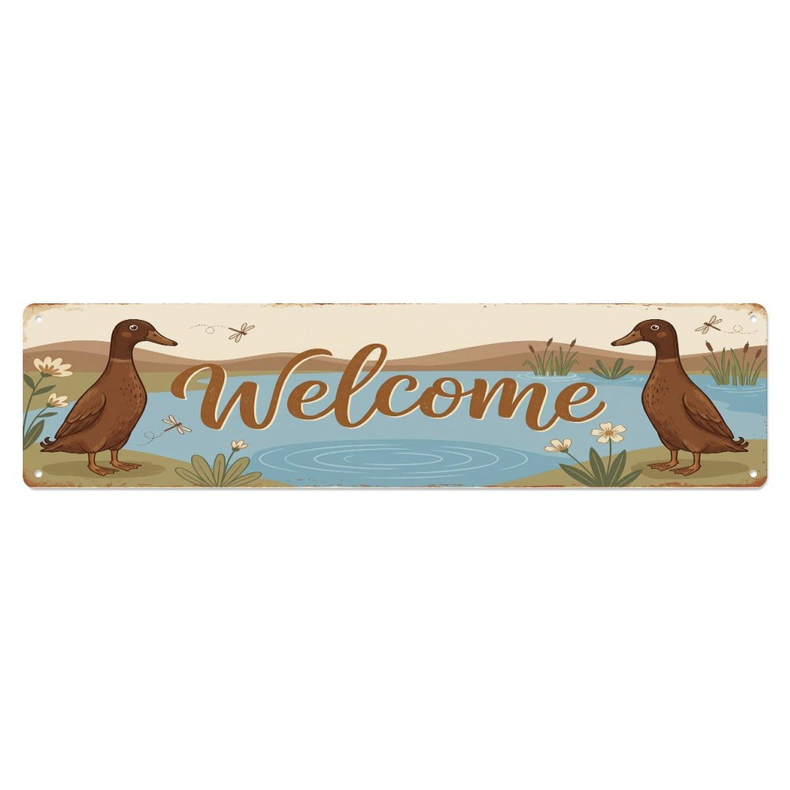 Cxhjca 4X16inch(10X40cm) Vintage Welcome Chocolate Runner Duck Metal Tin Sign