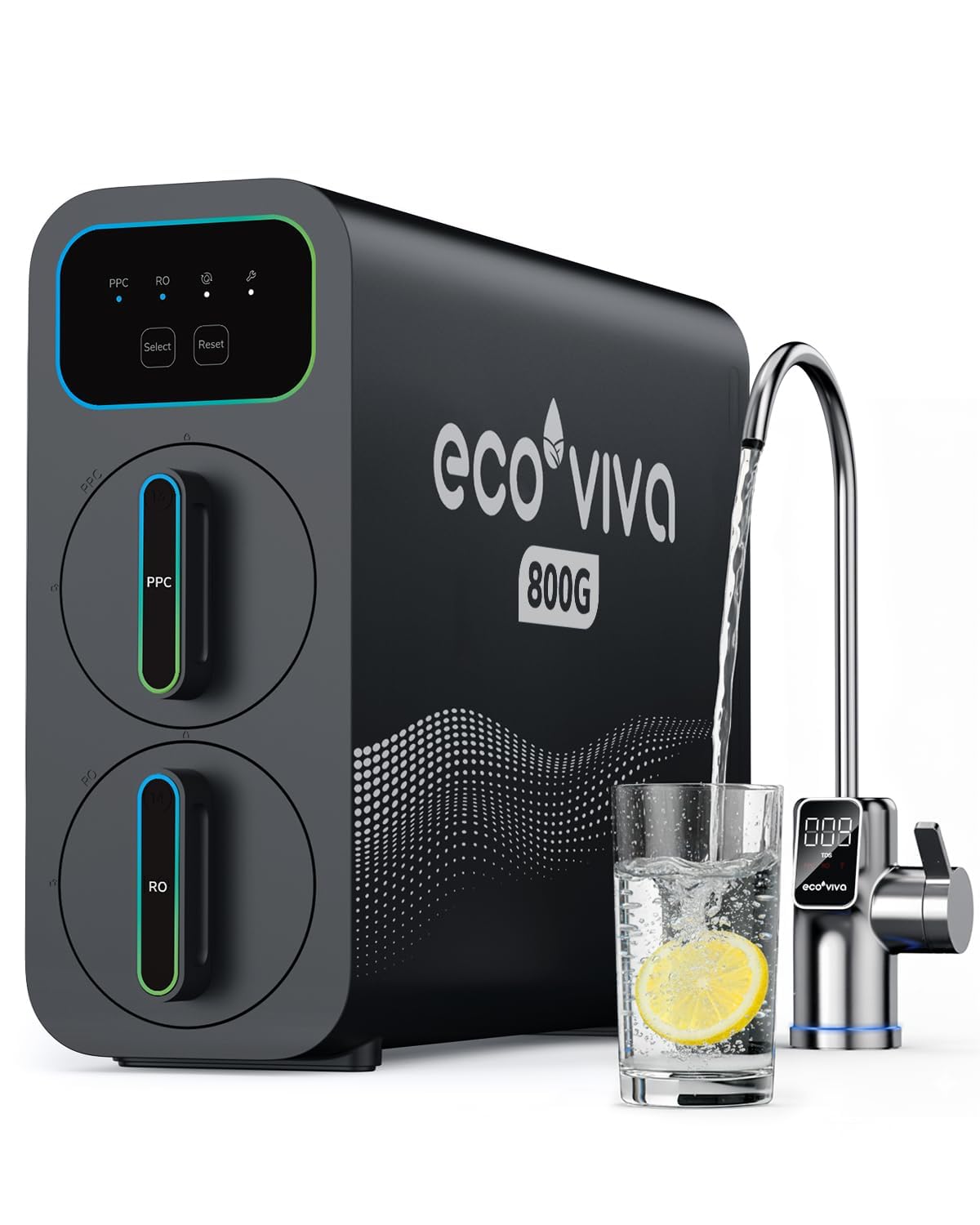 Ecoviva E8 Osmoseanlage Trinkwasser, 800 GPD (3028 L/Tag) Umkehrosmoseanlage, 9-stufige Filterung RO Untertisch Osmose Wasserfilter, Reduziert TDS, 2.5:1 Spar-Verhältnis, tanklos, Schwarz