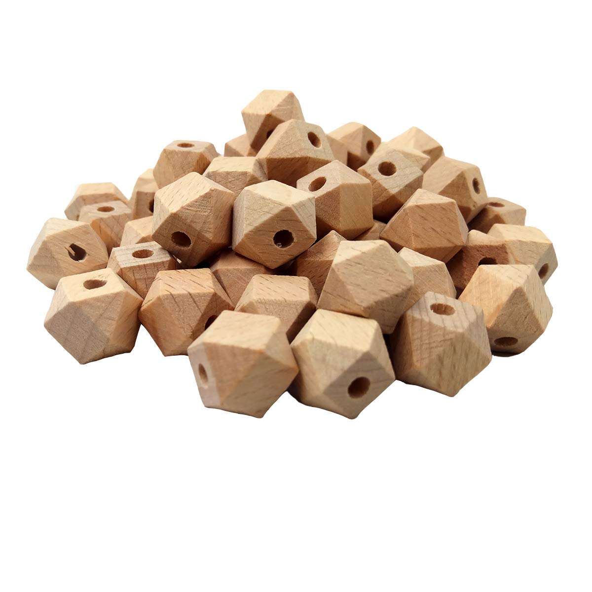 Alenybeby 50pcs Natural Beech Wood Hexagon Pearl Ball 14mm Unfinished Wooden Spacer Craft Beads for Keychain DIY Jewelry Home Decoration