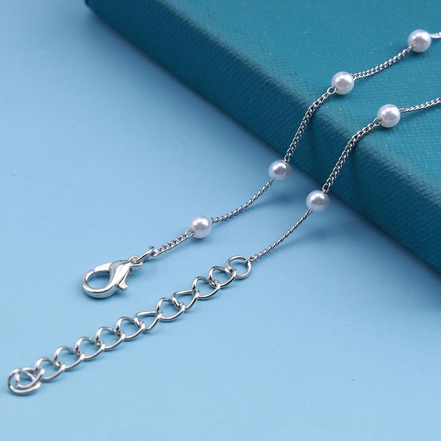 Boho Pearl Choker Necklace Floating Pearl Station Necklace Silver Pearl Beaded Necklace Pearl Bridal Necklace Chain Jewelry for Women (Silver) - Image 6