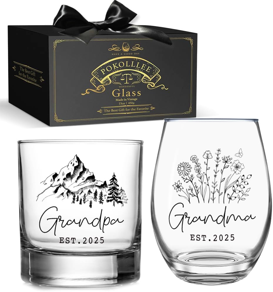 EST 2025 Grandpa Grandma Wine & Whiskey Glass Gift Set 15oz, Grandparent to Being Wine Glass Pregnancy Announcement Baby Announcement Mothers Day Fathers Day Mug Gifts