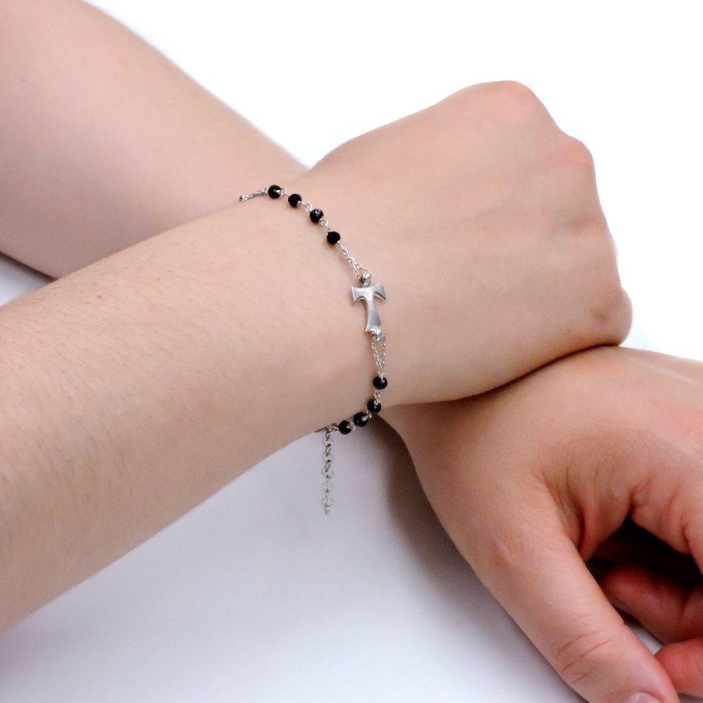 Bracciale Rosario Tau in Argento 925 e Zirconi Neri