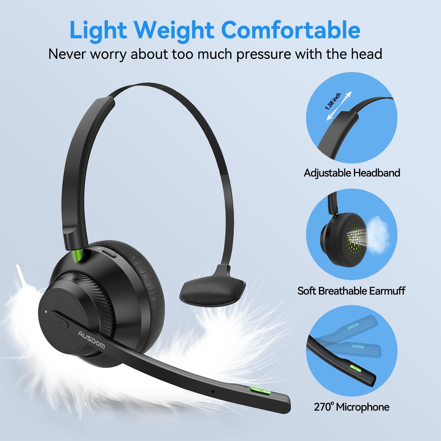 AUSDOM Trucker Bluetooth Headset with Microphone: A2301 Wireless 5.2 On-Ear Headset with AI Noise Cancelling Mic & Mute Button, 50H Playtime for Work from Home Office Call Center Cellphones Laptop - Image 6