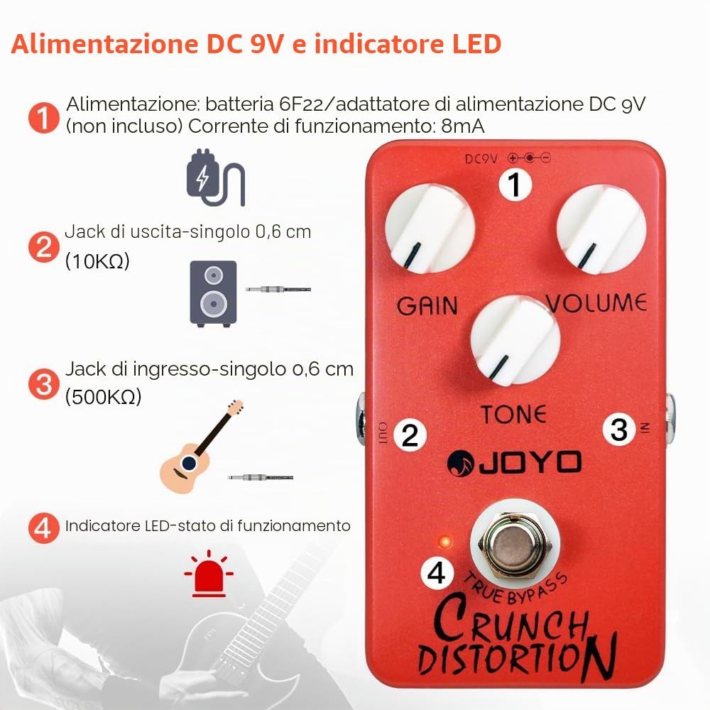 JOYO Distortion Pedal Crunch Distortion of British Classic Rock Distortion Effect per chitarra elettrica - True Bypass (JF-03)