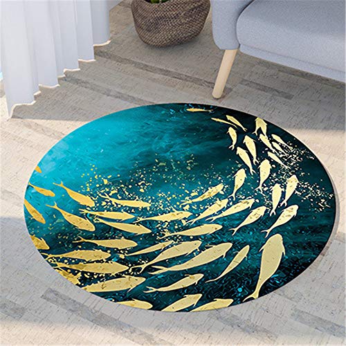 Tapis Rond Lavable en Machine, Morbuy Style Chinois 3D Bleu Doré Interieur Anti Slip Chambre à Coucher Salon Tapis d'Entrée Absorbant Antidérapant (120cm,Koi doré) Cover
