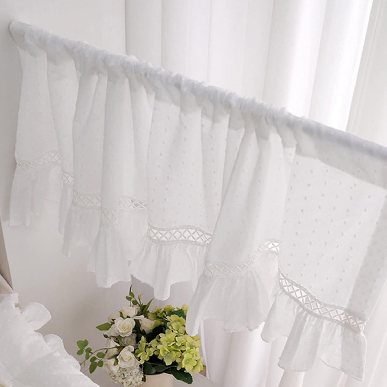 Short Curtain for Small Window Farmhouse White Cotton Pom-pom Textured Embroidered Window Treatment Valance Panel Drapes Half Curtain for Kitchen Café Bedroom Cabinet Curtain Tier Curtain