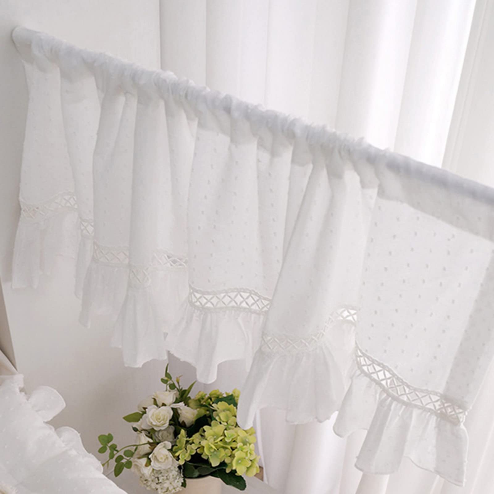 Rideau de fenêtre en coton semi-transparent style campagnard pour petites fenêtres - Cantonnière brodée à pompons blancs - Parfait pour la cuisine, le bistrot, le café et les portes.